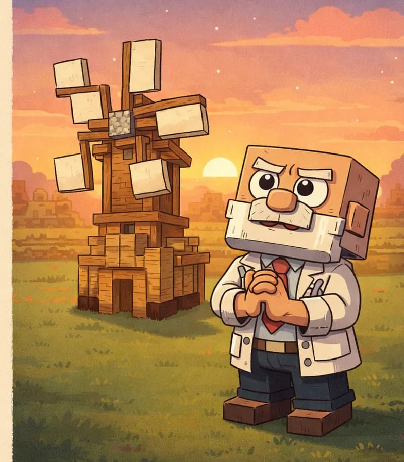 On the right side of the image, the completed wooden windmill stands tall on a green grassy area, with its sails in place atop a sturdy tower structure. In the foreground to the right of the windmill, Dr. Can Do stands facing the viewer at a three-quarter angle, staring upward at the evening sky while wringing his hands together with a worried, anxious expression. The scene is set outdoors under a warm orange-pink evening sky with the sun low on the horizon, and a landscape of houses and trees visible in the background. The left side is a plain beige panel reserved for text.