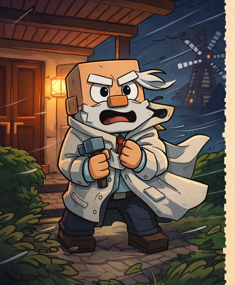 On the left side of the image, Dr. Can Do stands just outside the doorway of a house with a wooden porch overhead, bracing himself against a fierce gust of wind with a coat wrapped around himself over his white lab coat. His white mustache and eyebrows are blown to the side by the wind, and he has an alarmed, wide-eyed expression. In the background beyond the yard, the windmill is visible in the darkness with its sails spinning wildly out of control. Windswept bushes and greenery blow violently around his feet. The scene is set at nighttime with warm light spilling from inside the house behind him. The right ~40% of the image is a plain text overlay area.