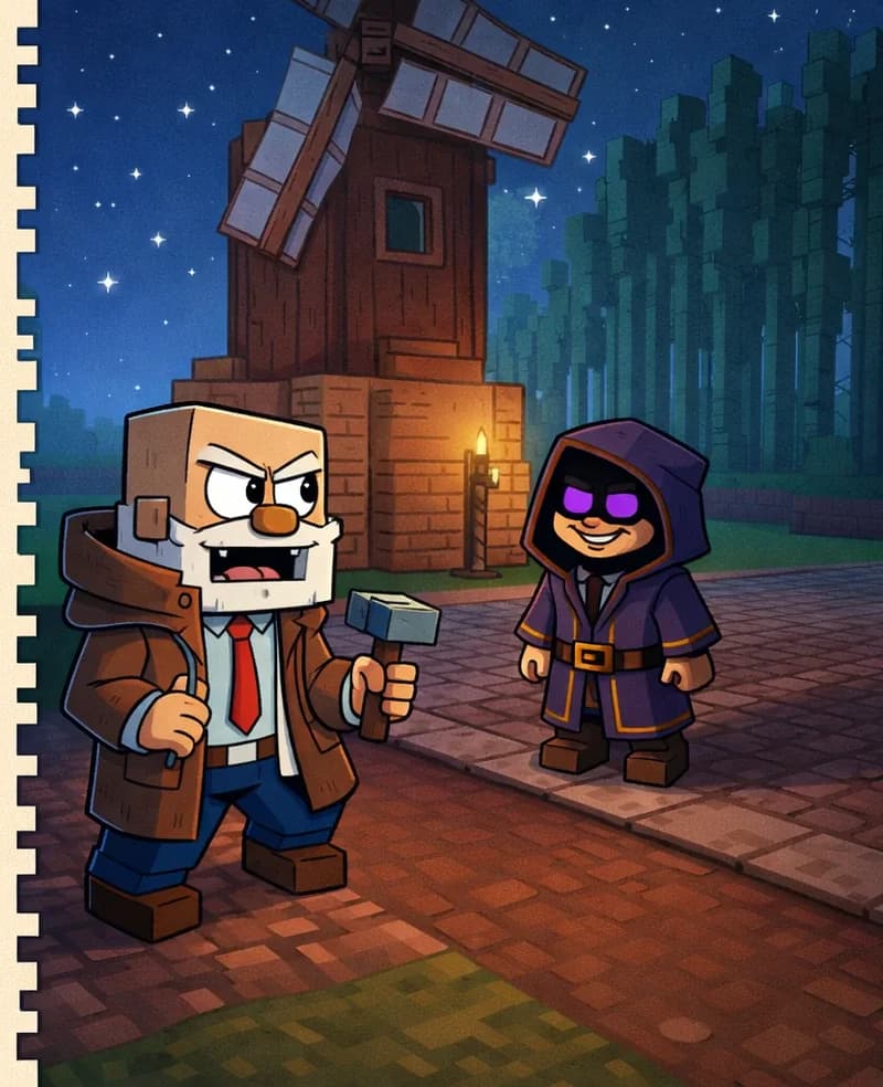 On the right side of the image, The Mage stands at the base of the tall wooden windmill tower, arms lowered at his sides, with a wry, mischievous smile. He is a blocky Minecraft-style figure in dark robes. The windmill sails hang still above him. To the left of The Mage, Dr. Can Do stands clearly visible at a three-quarter angle facing The Mage, wearing a coat wrapped around himself over his white lab coat, with a shocked, confrontational expression. The scene is set outdoors at nighttime, with stars in a deep blue sky. The windmill tower rises prominently behind The Mage, and tall trees line the background. A brick pathway extends across the foreground. The left ~40% of the image is a plain text overlay area.