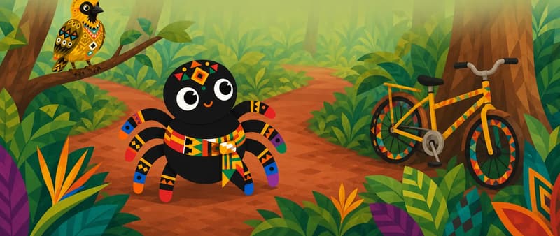 Create a single full-page children's book illustration. Use the attached character reference images and match each named character exactly — same shapes, colors and clothing; do not redesign them. SCENE: Anansi (round-bellied) (match attached reference) stands scheming at a forest crossroads with his legs pointing different ways. Weaver Bird (match attached reference) sits on a branch above him, with red laterite paths, glossy leaves, and a bicycle leaning against a tree. COMPOSITION: Compose ONE full-bleed scene with a single continuous background that fills the whole image, characters at natural size placed in the lower part of the frame. Keep the TOP 50% text area genuinely open inside a smooth, low-detail gradient blur covering the TOP 60% of the image. Use only a plain, continuous continuation of the scene background there, with NO characters, objects, props, hanging items, plants, patterns or decorations. Keep all important characters and detailed scene content in the LOWER 40%, with only a soft natural fade into the blurred top text area. That TOP 50% text area must be the SAME continuous background color as the scene (not a flat panel, not a different shade, no dividing line). Do NOT shrink or squash the characters. Book text will be overlaid in the TOP 50% text area. Do not include any written text, letters, numbers, captions, speech bubbles, signs, labels, logos, or watermarks anywhere; the image must be purely illustrative.