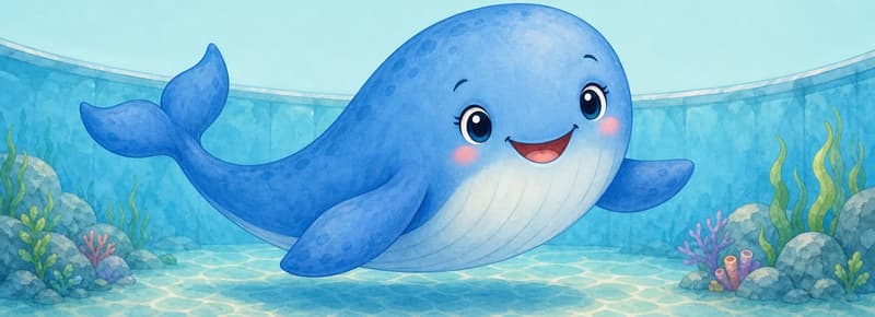Introduce Berta. Show her full body swimming gracefully in the clear water of the nature park's whale pool, flippers and great tail clearly visible. Mood: calm, welcoming, gentle.