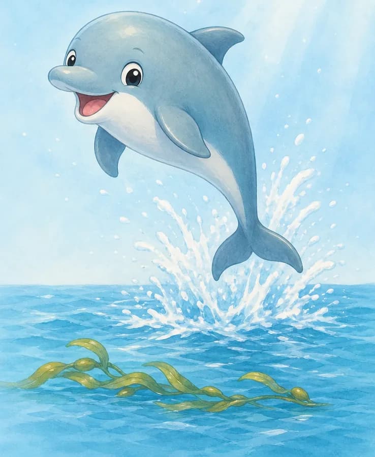 Daniel the dolphin shown joyfully leaping above the water, suggesting the love of leaping just described. A wisp of seaweed floats at the surface to nod to the diet. Mood: lively, joyful introduction of the best-friend dolphin.