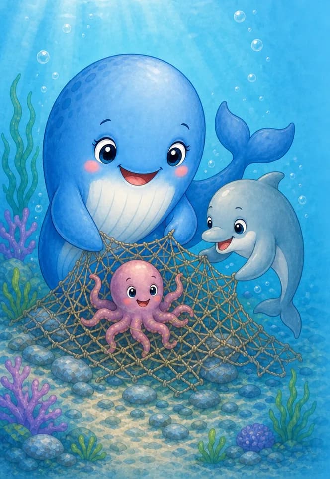 Berta and Daniel side by side underwater in the open sea, gently tugging at a tangled fishing net to free a small octopus inside. Both look cheerful and determined. Mood: kindness, teamwork.