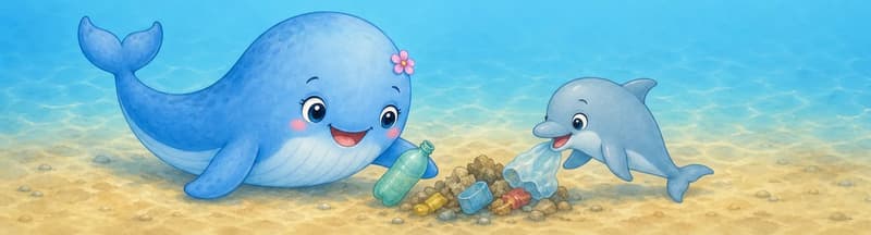 Berta and Daniel together near the sandy sea floor, gathering an empty bottle and a piece of plastic in their mouths/flippers and pushing them into a small pile in the sand. Both look caring and focused. Mood: helpful environmental stewardship.