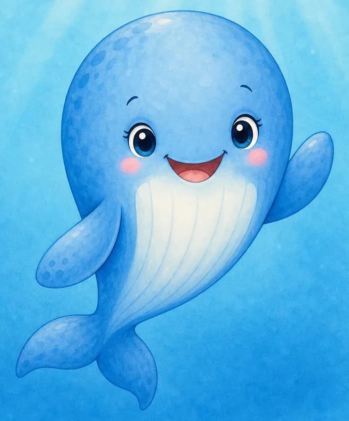 A heartwarming close-up of Berta with a gentle, kind smile, swimming peacefully in clear blue water — perhaps gently waving a flipper. Mood: warmth, kindness, the closing feel-good page.