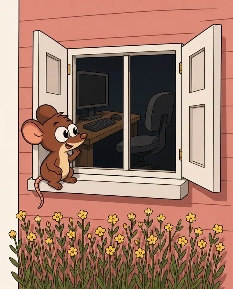 On the right side of the image, an open window in a pink-walled suburban American house reveals a dark, empty room inside with a desk, computer monitor, and office chair — the occupant is clearly absent. Tik sits perched on the windowsill, peering inside through the open window with a quiet, curious expression, one paw resting on the window frame. Below the window, a garden bed of yellow wildflowers lines the base of the house wall.