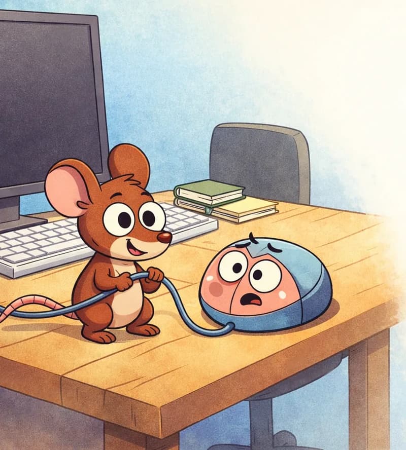 On the left side of the image, Tik stands on a wooden desk beside a computer monitor and keyboard, looking curious and determined while gripping a computer cable (the 'rope') with both paws. The cable trails across the desk to Klik — a small, round computer mouse sitting on the desk near the keyboard, with a cute mouse-like face on its pink front panel, a smooth light blue upper shell, and a cord connecting it to the computer. The indoor scene shows a desk setup with a monitor, keyboard, a small book, and a gray office chair, rendered in soft watercolor tones with gentle lighting. The right side of the image is plain light background.