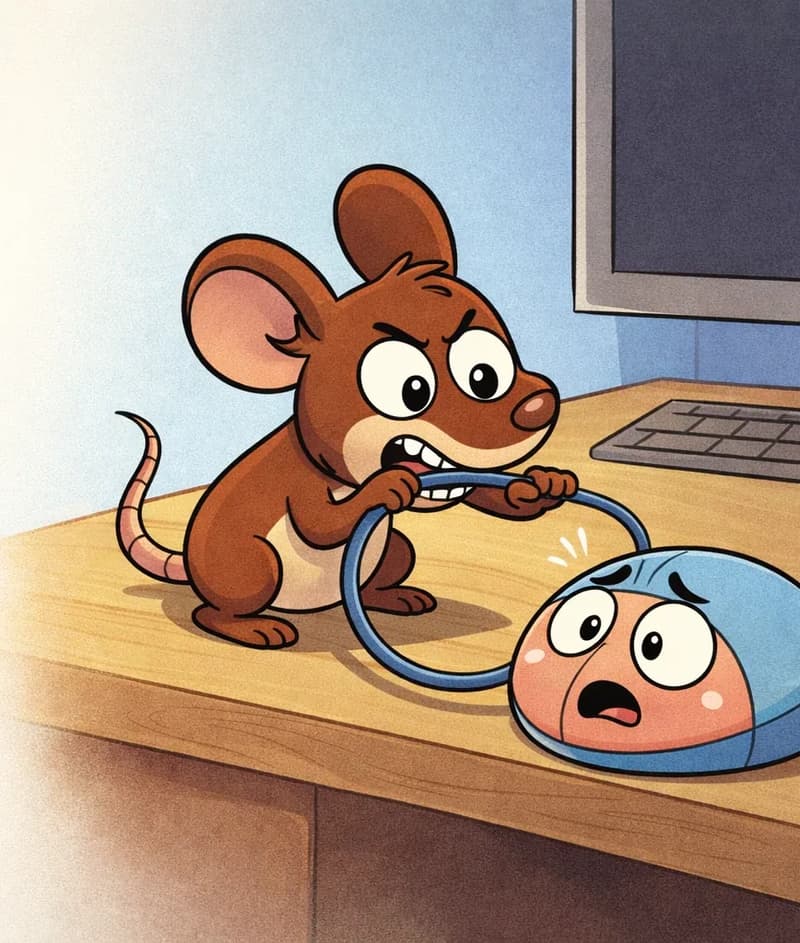 On the right side of the image, Tik crouches on the wooden desk near the keyboard, leaning forward with a determined expression, biting down on a computer cable with both front paws gripping it. At the other end of the cable, Klik — the small, round computer mouse with a cute face on its pink front panel and smooth light blue shell — sits on the desk, reacting with a surprised, pained expression as its cord is bitten. The background shows the indoor desk setup with the computer monitor and soft blue-toned wall lighting.