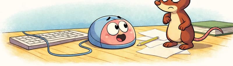 In the lower half of the image, Tik stands on a wooden desk to the right, looking at Klik with a confused pout and furrowed brow. Klik sits to the left on the desk — a small, round computer mouse with a cute face on its pink front panel and a smooth light blue upper shell, connected by a cord to the keyboard, appearing to speak with an eager expression. Between and around them are a keyboard, a pencil, scattered papers, and a closed green book. The scene is set indoors on a desk against a soft blue wall, with the top half of the image left as plain white background.