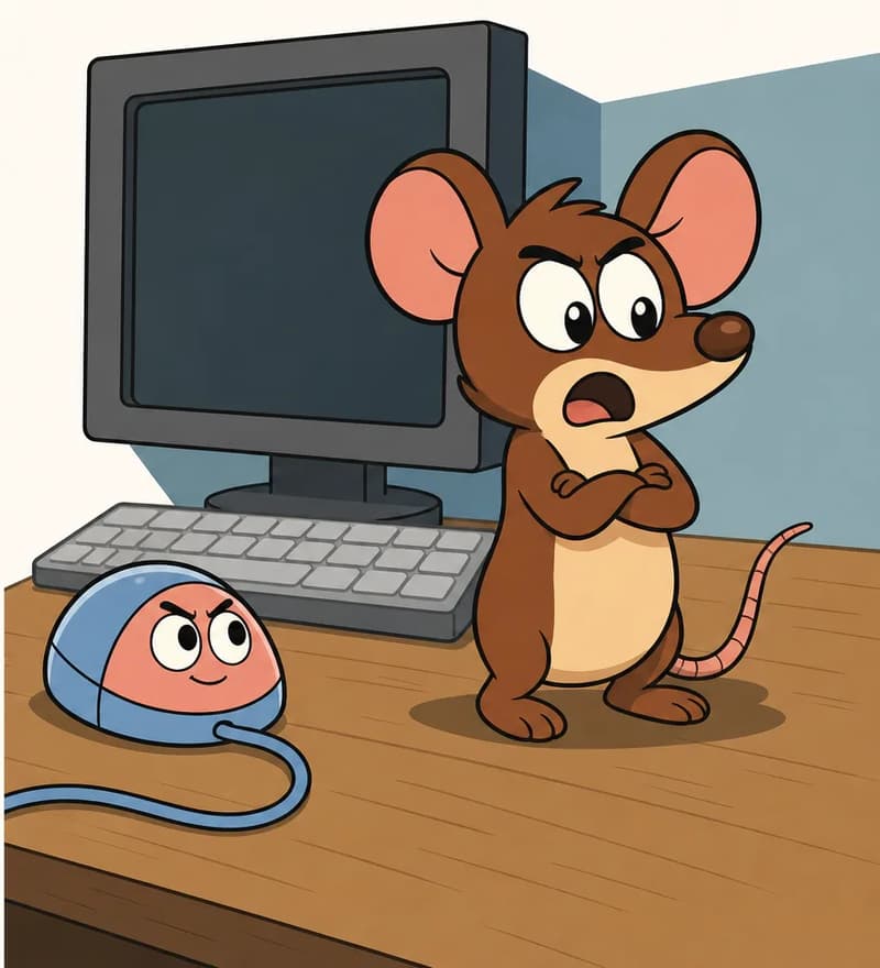 On the right side of the image, Tik stands on a wooden desk near the computer monitor and keyboard, arms crossed and mouth open as if protesting, with an incredulous expression. Klik sits on the desk beside the keyboard — a small, round computer mouse with a cute face on its pink front panel and a smooth light blue upper shell, with a blue cord trailing behind it, looking determined and proud. The left side of the image is plain white background, leaving space for text. The indoor setting has soft blue-toned lighting against a light wall.