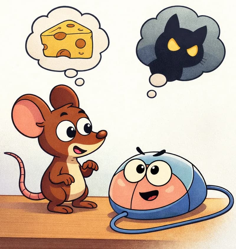 On the left side of the image, Tik stands on the wooden desk beside Klik — the small, round computer mouse with a cute face on its pink front panel and a smooth light blue shell, with a cord trailing behind — looking at Klik with a hopeful, slightly worried expression. Above them, two thought bubbles float: one shows a wedge of cheese (representing scouting for food), and the other shows a dark gray cat silhouette with glowing yellow eyes (representing the danger Tik fears). Klik's face looks determined and confident. The scene has soft watercolor lighting against a plain white background, with the right side of the image left clear.