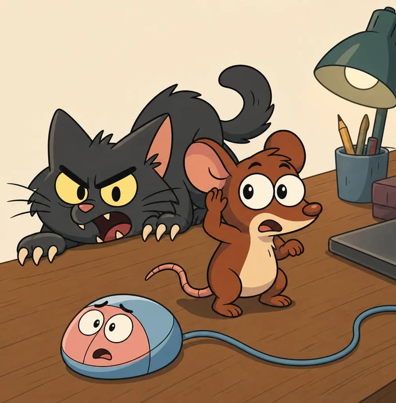 On the right side of the image, Tik stands frozen on the wooden desk, eyes wide with terror, ears perked up, one paw raised as if straining to listen. The Cat's enormous dark gray form peeks up over the edge of the desk, low-crouching with pale yellow eyes glinting and white claws extended, creeping toward Tik with a menacing prowl. Klik — the small computer mouse with its pink face and light blue shell — is visible nearby on the desk, connected by its cord. The indoor setting shows the desk area with soft, tense watercolor tones.