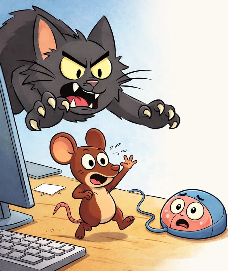 On the left side of the image, Cat looms large from above with an aggressive snarling expression, pale yellow eyes wide, paws outstretched with white claws extended, lunging toward Tik. Tik is below on the desk surface near a computer keyboard, leaping and bouncing away with a terrified expression, one arm raised as if calling for help toward Klik — the small computer mouse with its pink face and light blue shell, sitting near the keyboard, connected by its cord. The scene is set indoors on a desk with a computer monitor and keyboard visible, with a light blue background fading to plain white on the right.