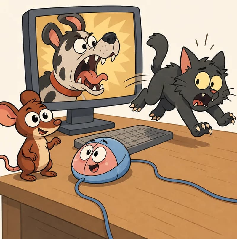 On the right half of the image, Klik — the small, round computer mouse with a cute face on its pink front panel and smooth light blue shell — sits on the desk near the keyboard, its cord connected to the computer, looking triumphant and proud. The computer monitor displays a large, fierce barking dog with a wide-open mouth. Cat is in the middle of running away, off the desk and facing away from it, arched and wide-eyed with a startled, frightened expression, fleeing from the loud dog sound. Tik stands on the desk near Klik, looking relieved and safe with a grateful smile. The scene is set indoors on a desk with warm indoor lighting.  The left half of the image should be completely blank.