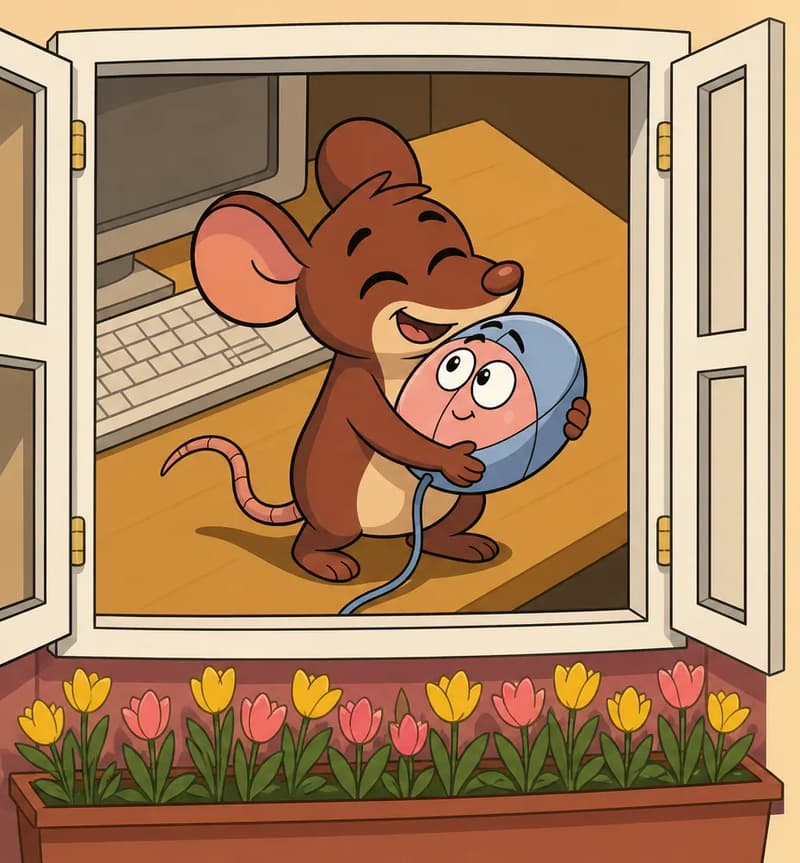 On the left side of the image, viewed through an open window with no bars on it, with a flower box of yellow and pink tulips below the sill, Tik is hugging Klik warmly — lifting the small computer mouse up in a big, affectionate embrace. Tik is smiling with eyes closed, pressing Klik close. Klik's cute face on its pink front panel looks content, its blue cord dangling below. They are indoors, seen from outside looking in through the window, with a keyboard visible on the desk beside them, suggesting a cozy indoor setting with warm golden lighting.