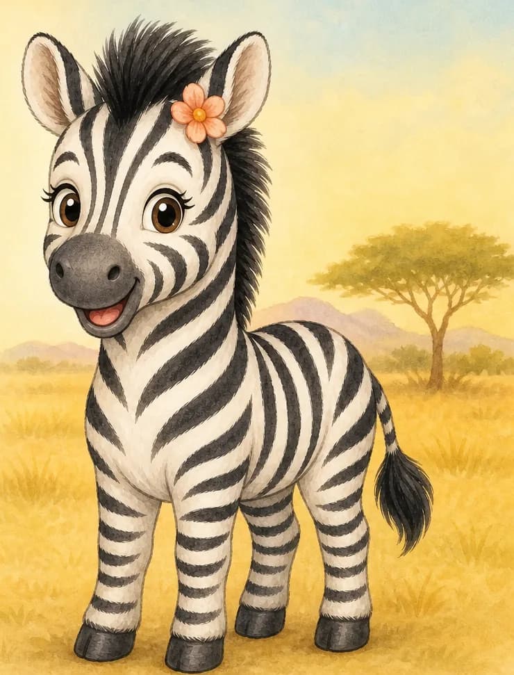 Introduce Celia. Show her full body in a clear, friendly standing pose so the reader can clearly see her horse-shaped body and her black-and-white stripes. Setting: a soft savanna-style grassland background suggesting Africa, with low grass and a warm sky. Mood: welcoming — the reader's first look at the main character.