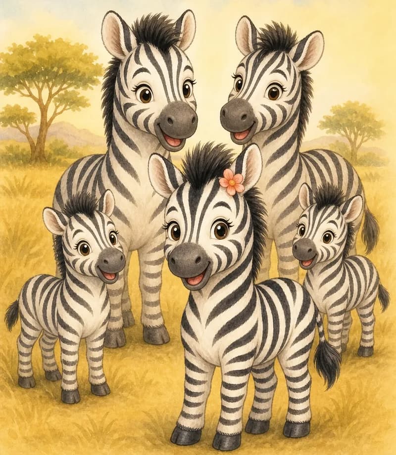 Celia stands at the front of a small herd of zebras (a few adults and a couple of smaller young ones grouped close behind her) in the nature park. The atmosphere is happy and settled — Celia looks content and at home with her family.