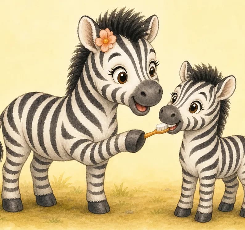 Early morning. Celia is gently brushing a small younger zebra sibling — holding a soft toothbrush at the sibling's mouth, with a thick-bristled mane brush visible nearby. The sibling looks calm and cared-for. Soft early-morning light.