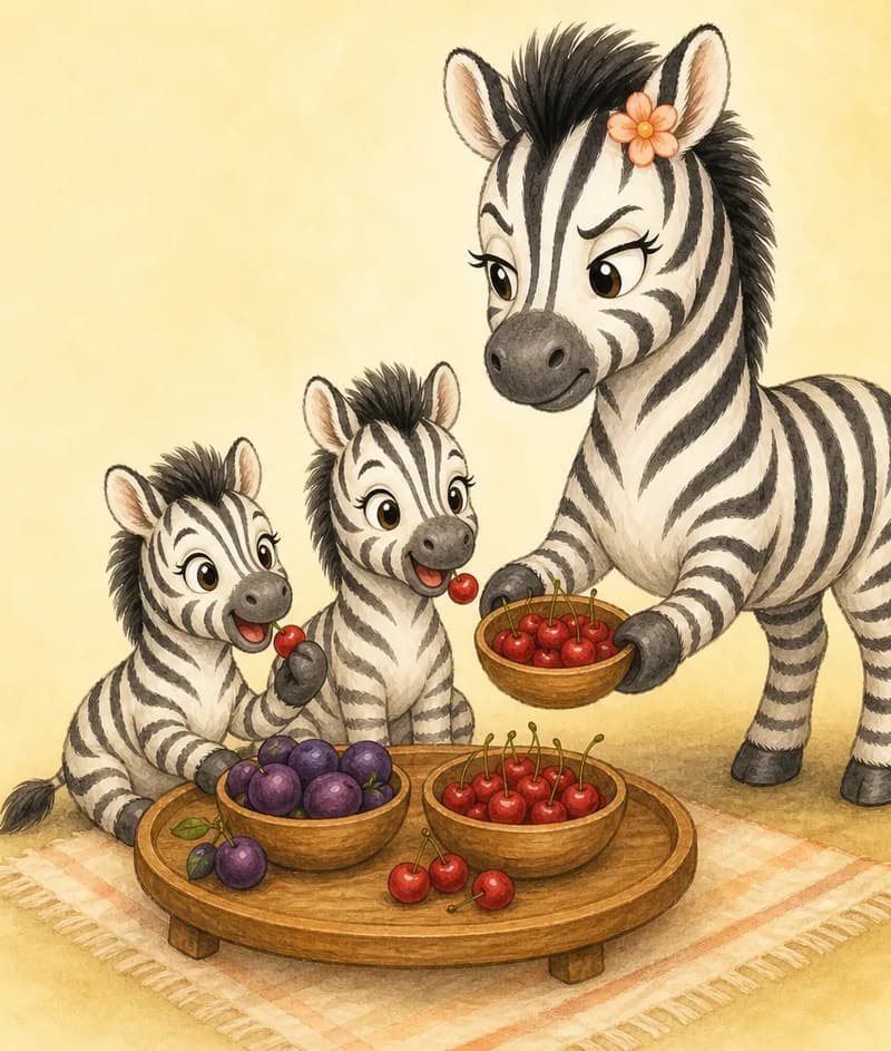 Celia stands next to a low breakfast setup with bowls of cherries and plums she is serving to her younger siblings. Her expression is noticeably jealous and watchful — slight frown, narrowed gaze — even as she serves them. The siblings eat the fruit. Warm domestic mood undercut by Celia's jealous look.