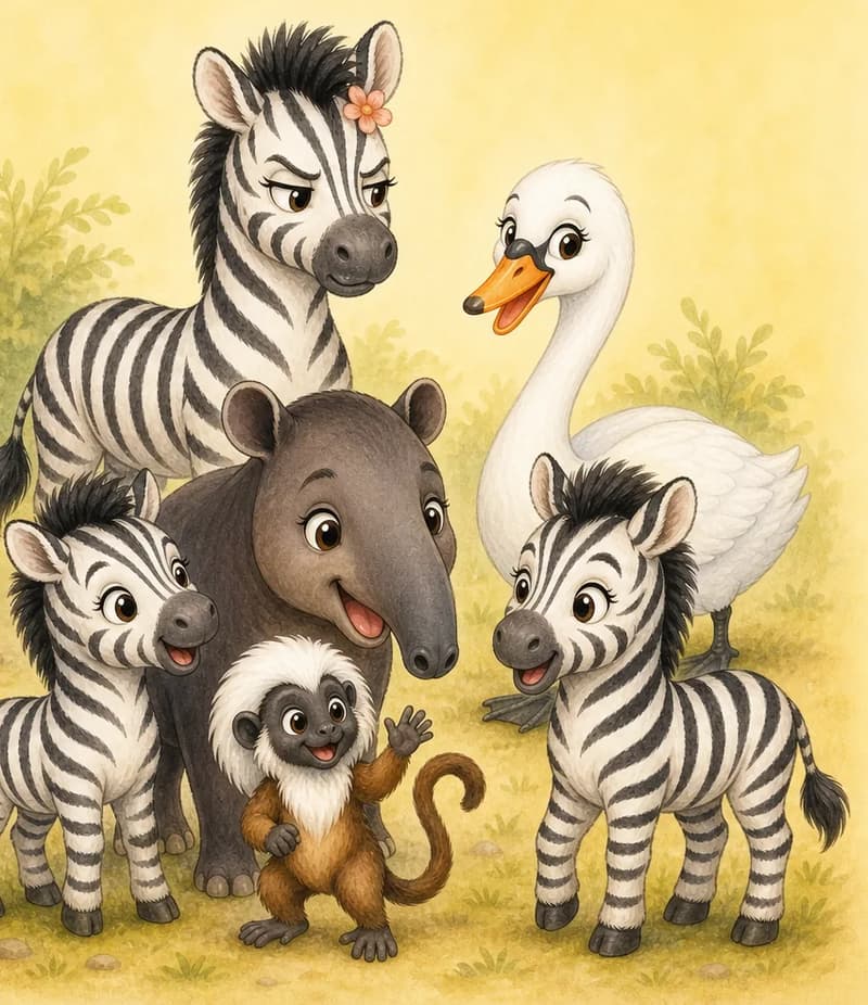In the foreground, the two young zebra siblings Cecilia and Cirilo are happily chatting with Diana the tapir and Mario the monkey. Behind them, Celia watches with a clearly jealous, sour expression. To one side, slightly apart, Ciro the swan stands near Celia as her special friend. Park setting.