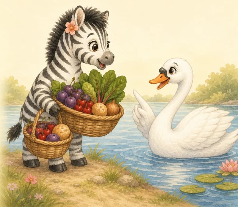Celia carries a basket (or two) brimming with plums, leafy green chard, small bread rolls, onions, and ripe red cherries up to Ciro the swan at the lakeside. Ciro looks at her gently but seriously, as if speaking advice. Celia's expression is attentive and a little chastened.