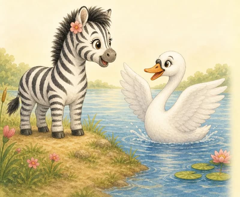 Ciro the swan flaps his wings happily as he sees Celia approach. Celia looks at Ciro with a warm, gentle smile — she has clearly taken his advice to heart. Lakeside setting; the mood is joyful and friendly — a satisfying closing page.