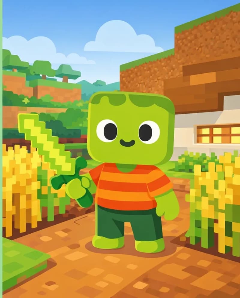 Zom stands on the right side of the image in a Minecraft-style scene, facing the viewer with a determined expression. He has light green skin, darker green messy hair, large white eyes with black pupils, and wears an orange-and-red horizontally striped t-shirt with dark green pants and bright green shoes, holding a pixelated light-green sword in his right hand. Zom is positioned on a dirt path beside a small farm garden with crops growing in rows, set in an outdoor suburban yard with a wooden house visible in the background under a partly cloudy daytime sky. Zom appears to be surveying the garden, standing upright as if planning a new venture.