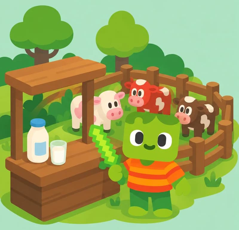 On the left side of the image, Zom stands proudly beside a freshly built wooden milk bar counter and a small fenced pen of cows, facing the viewer with an excited, entrepreneurial grin. He has light green skin, darker green messy hair, and wears an orange-and-red horizontally striped t-shirt with dark green pants and bright green shoes, holding a pixelated light-green sword in his right hand. A hand-painted wooden sign reading 'Milk Bar' is posted on the counter. The cows — some white and some red-brown — are gathered on the grass inside the pen. The scene is a pastoral outdoor setting with trees and greenery in the background under a soft, overcast sky. The right side of the image is open plain background.