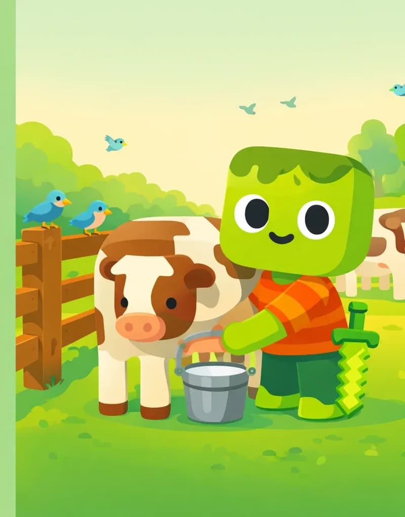 Zom stands on the right side of the image beside a wooden fence, actively milking a cow with a bucket beneath it, facing the viewer at a three-quarter angle with a calm, purposeful expression. He has light green skin, darker green messy hair, and wears an orange-and-red horizontally striped t-shirt with dark green pants and bright green shoes, his pixelated light-green sword tucked at his side. The scene is set outdoors in the early morning with soft, warm golden light and green trees in the background. Small birds perch on the fence and fly in the sky above. Several other cows — white with brown spots — graze in the fenced pasture behind him. The left ~40% of the image is plain green background.