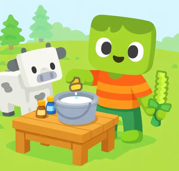 On the left side of the image, Zom stands at a wooden table outdoors, facing the viewer with a cheerful smile, reaching toward small ingredient containers and a bucket of milk on the surface — appearing to add flavoring to the milk. He has light green skin, darker green messy hair, and wears an orange-and-red horizontally striped t-shirt with dark green pants and bright green shoes, his pixelated light-green sword in his right hand. A white blocky cow stands behind Zom on the left, reinforcing the fresh milk context. The scene is set in a grassy outdoor area with trees and a partly cloudy sky in the background, a bright daytime setting in a suburban yard.