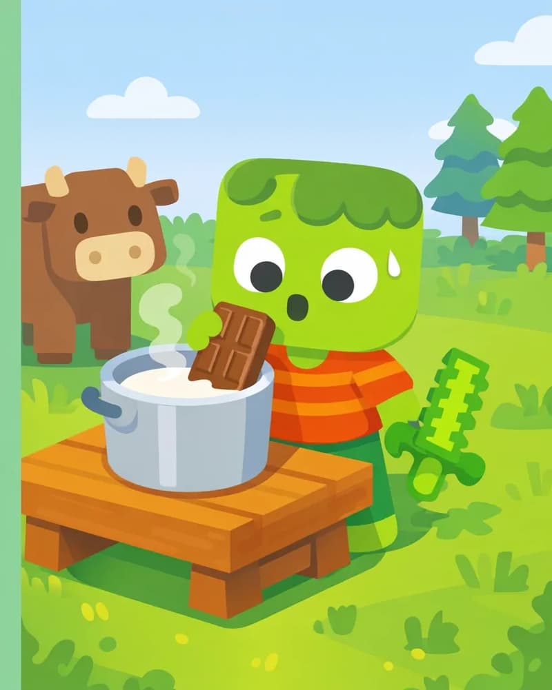 On the right side of the image, Zom stands behind a wooden crafting table outdoors, facing the viewer with a focused expression and leaning in to sniff the mixture with a 'whew' reaction. He has light green skin, darker green messy hair, and wears an orange-and-red horizontally striped t-shirt with dark green pants and bright green shoes, his pixelated light-green sword resting on the table. On the table sits a large bucket of milk and a block of chocolate that he is adding to the mix. A brown cow stands behind Zom near the table. The scene is set in a bright, grassy outdoor area with trees in the background under a clear daytime sky. The left side of the image is plain green background.