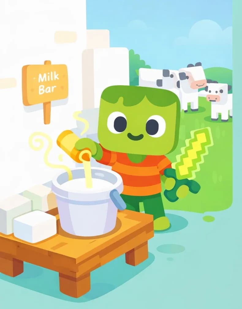 On the left side of the image, Zom stands behind a wooden table outdoors, facing the viewer with a focused, satisfied expression as he pours vanilla from a golden bottle into a bucket of milk. He has light green skin, darker green messy hair, and wears an orange-and-red horizontally striped t-shirt with dark green pants and bright green shoes, his pixelated light-green sword in his right hand. On the table are white blocks of milk ingredients and the vanilla bottle. A small wooden sign reading 'Milk Bar' is posted nearby. Behind Zom, several white blocky cows stand on a grassy area near a building, set against a bright daytime sky. The air around the milk bar has visible aromatic swirls to suggest the grand smell. The scene has a Minecraft-style blocky aesthetic.