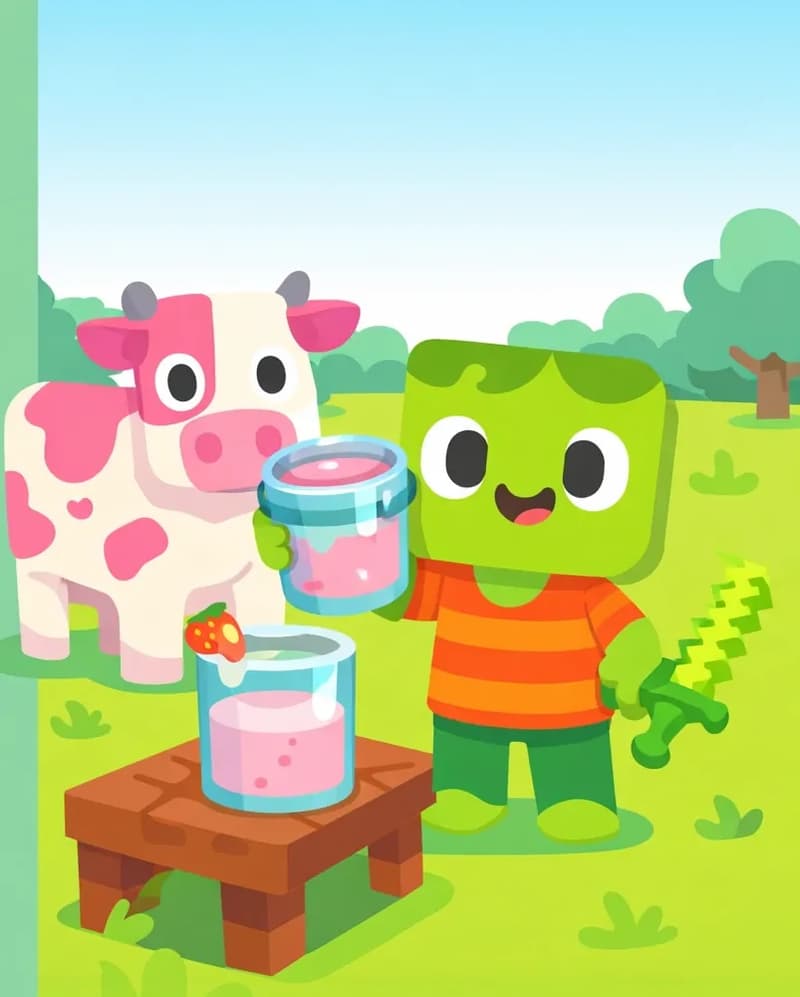 On the right side of the image, Zom stands beside a pink-dyed cow, facing the viewer with a playful, excited expression as he holds up a bucket of pink strawberry milk. He has light green skin, darker green messy hair, and wears an orange-and-red horizontally striped t-shirt with dark green pants and bright green shoes, his pixelated light-green sword tucked at his side. The cow beside him is white with bright pink dye splotches across its body. On a wooden table nearby, a container of pink strawberry milk is being prepared. The scene is set outdoors with green grass and trees in the background under a bright daytime sky. The left ~40% is plain green background.