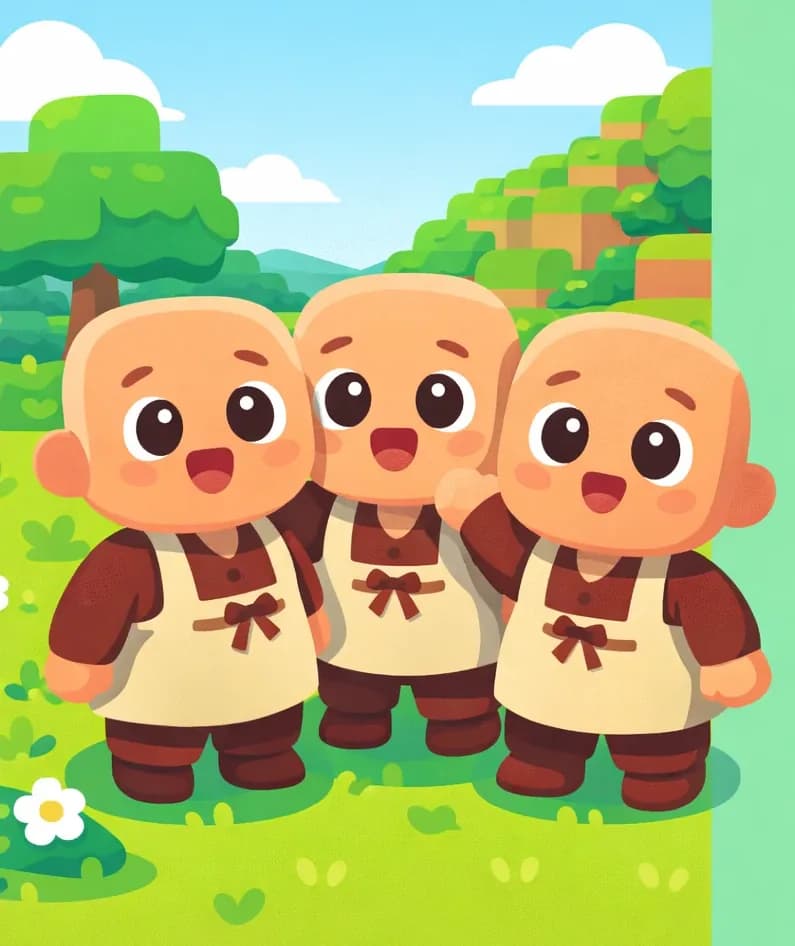 On the left side of the image, a small group of three Villagers stand together outdoors in a Minecraft-style scene, facing the viewer with curious, excited expressions as they look toward the milk bar. Each Villager is stocky and chibi-style with a large rounded-square bald head, light peach skin, large dark brown eyes with white highlights, a small pink dot nose, wearing a dark brown long-sleeved shirt with a cream off-white apron tied at the front, dark brown-maroon pants, and dark brown boots. They are gathered on a grassy area with blocky hills and trees in the background under a bright daytime sky. The right ~40% of the image is plain mint-green background.