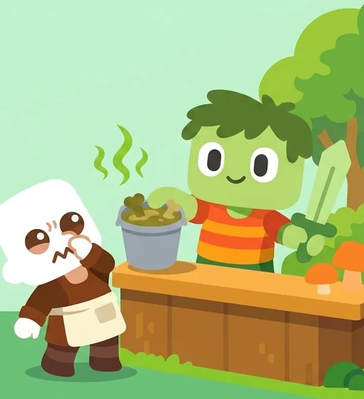 On the right side of the image, Zom stands behind the milk bar counter holding out a bucket of murky brown-green mushroom milk, facing the viewer with an oblivious grin. He has light green skin, darker green messy hair, and wears an orange-and-red horizontally striped t-shirt with dark green pants and bright green shoes, his pixelated light-green sword in his right hand. In front of the counter, a Villager recoils with a disgusted, whining expression — bald head, light peach skin, large dark brown eyes scrunched up, wearing a dark brown shirt with a cream off-white apron, dark brown-maroon pants, and dark brown boots — holding their nose and leaning away from the foul-smelling mushroom milk. Visible stink lines waft from the bucket. The scene is set outdoors with green foliage and trees in the background. The left side is plain mint-green background.