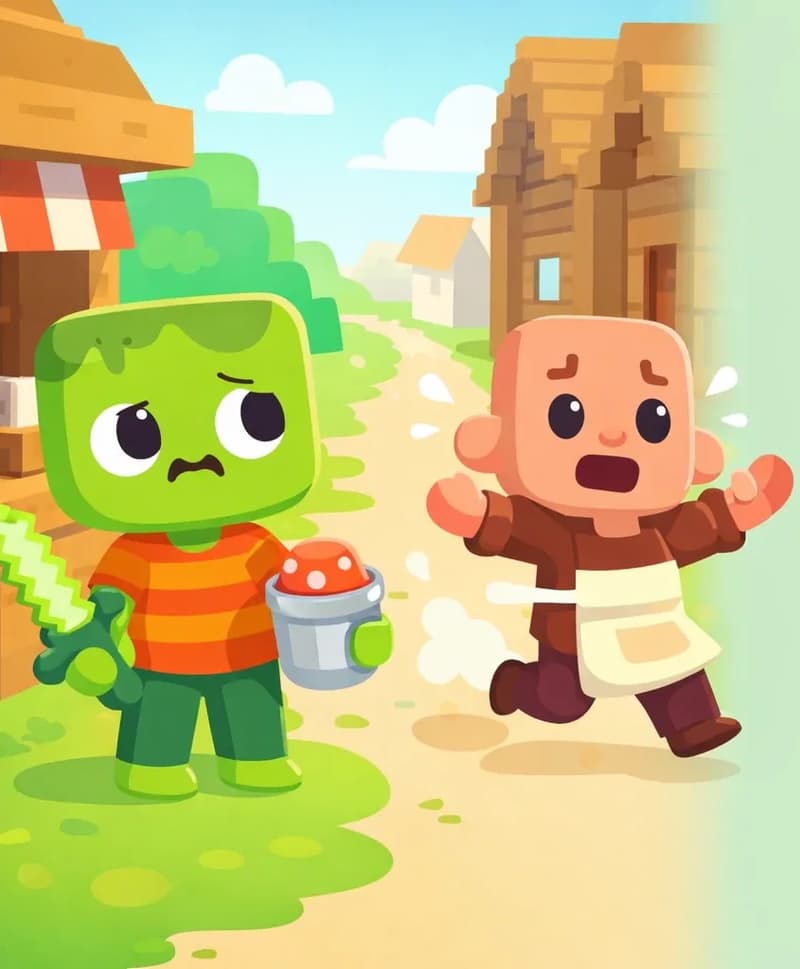 On the left side of the image, Zom stands near his milk bar in a suburban neighborhood among wooden houses, facing the viewer with a sheepish, embarrassed expression, still holding the bucket of mushroom milk. He has light green skin, darker green messy hair, and wears an orange-and-red horizontally striped t-shirt with dark green pants and bright green shoes, his pixelated light-green sword in his right hand. A Villager is seen running away from Zom in a panicked whirl — bald head, light peach skin, wearing a dark brown shirt with a cream off-white apron, dark brown-maroon pants, and dark brown boots — arms flailing as they flee past wooden houses on a grassy path in bright daylight. The scene has a Minecraft-style blocky aesthetic with wooden structures and green grass. The right ~40% is plain mint-green background.