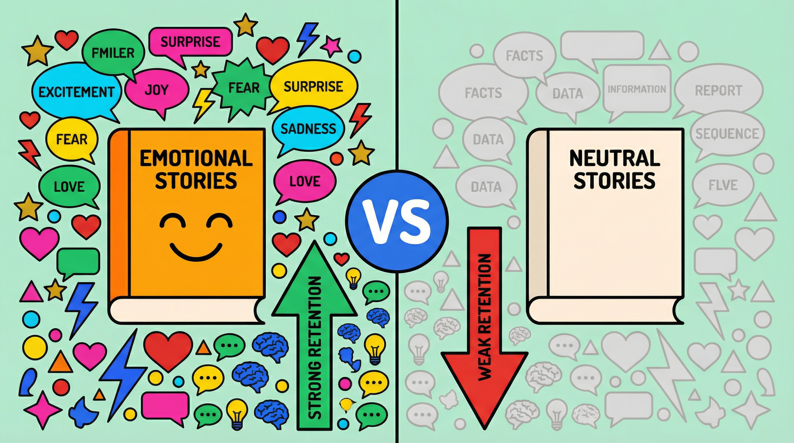 Infographic comparing vocabulary retention in emotional versus neutral reading contexts