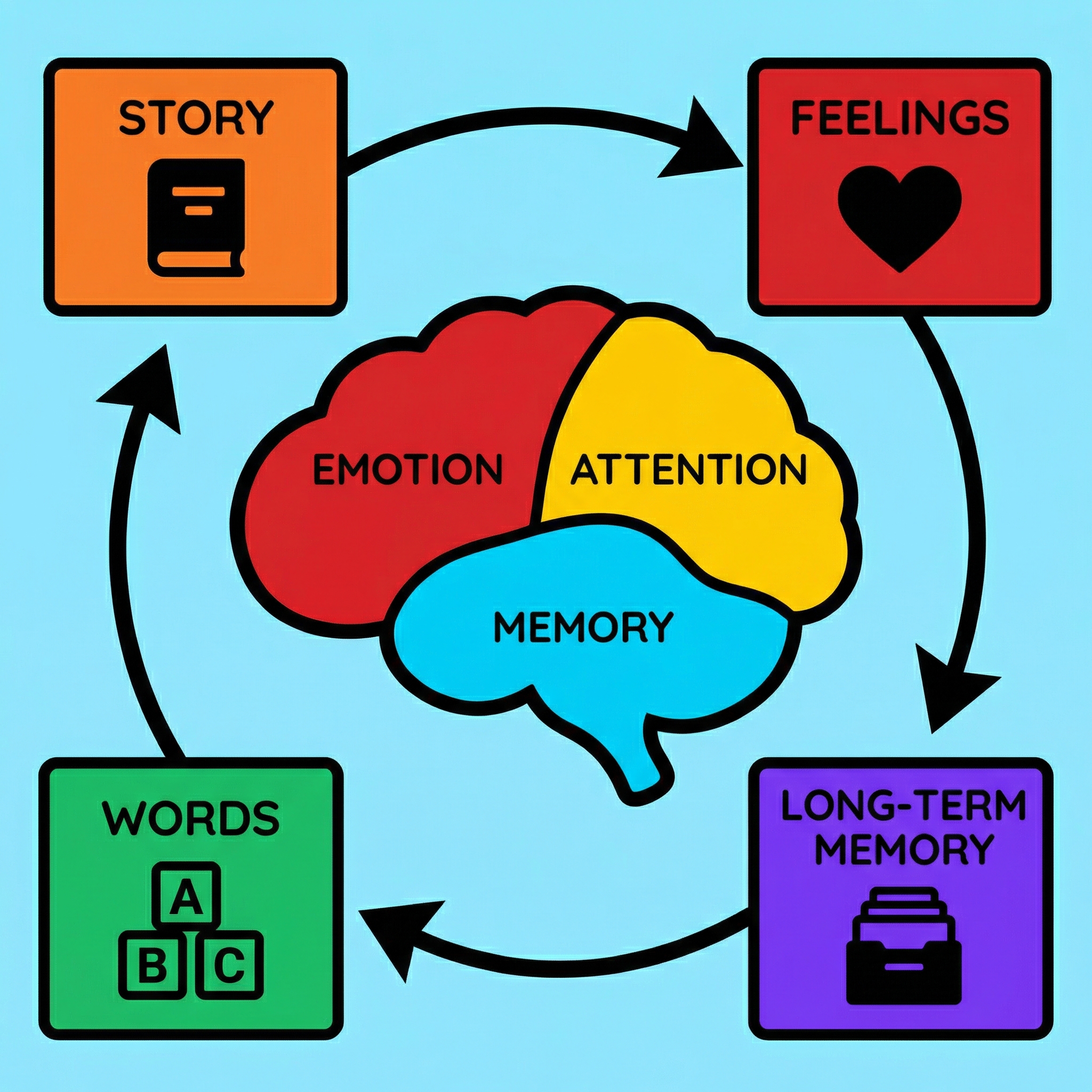 Illustration showing how emotions activate memory pathways in the brain during reading
