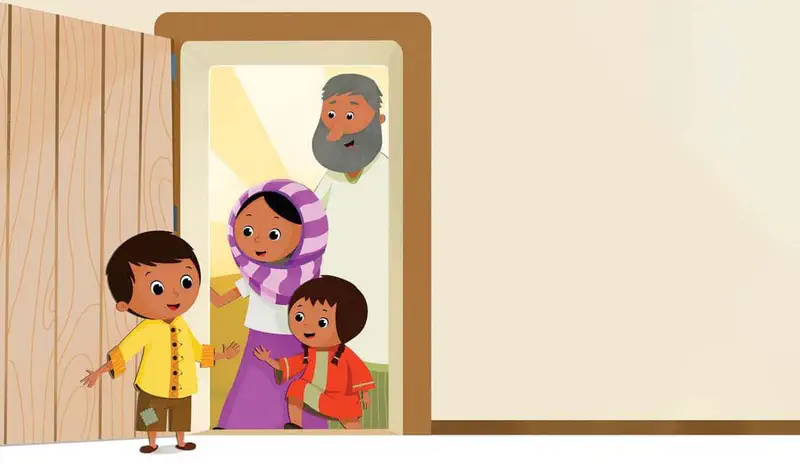 Boy greeting family at doorway including father, older sister, and younger sister