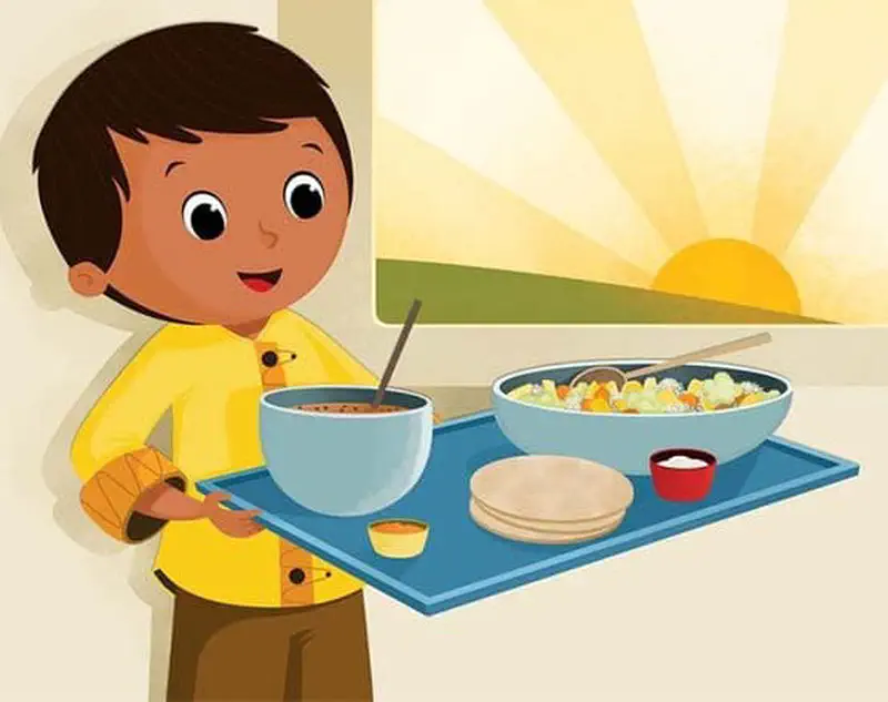 Boy carrying tray with curry, rice, flatbread, and condiments at sunrise