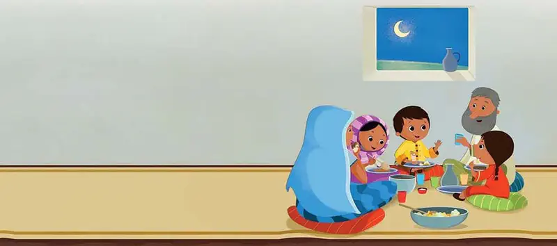 Family of five sitting together eating meal on floor at night