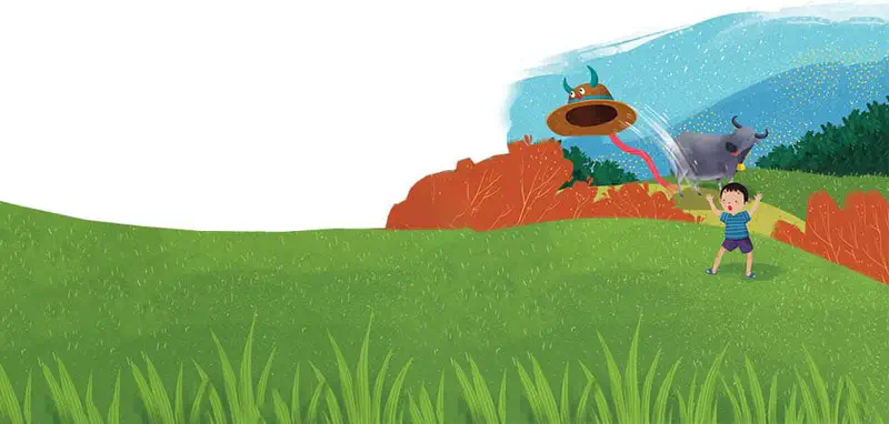 Boy chasing after hat blown away as buffalo sprays water in green field