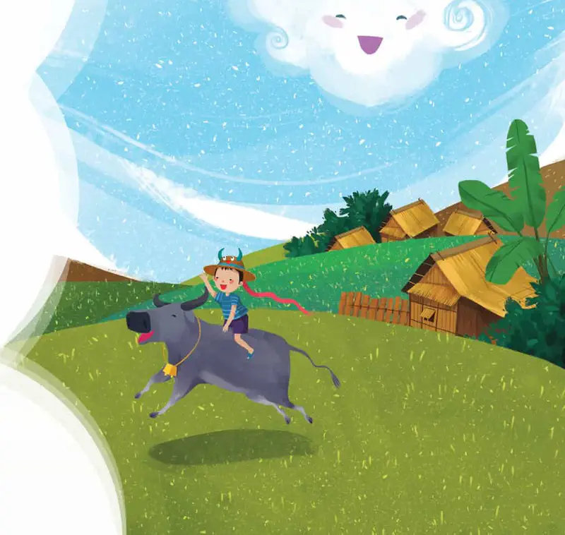 Boy happily riding buffalo near thatched huts as smiling cloud watches