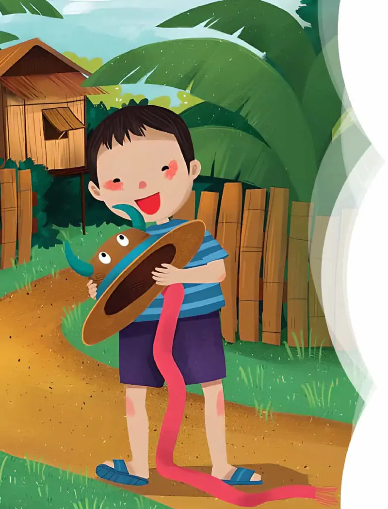 Boy hugging his buffalo-horn hat near village with wooden fence and banana trees