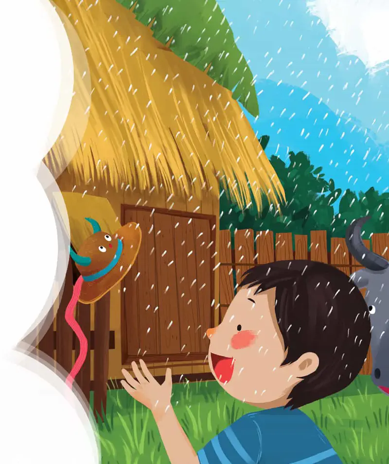 Boy reaching for hat hanging on thatched hut wall in rain with buffalo