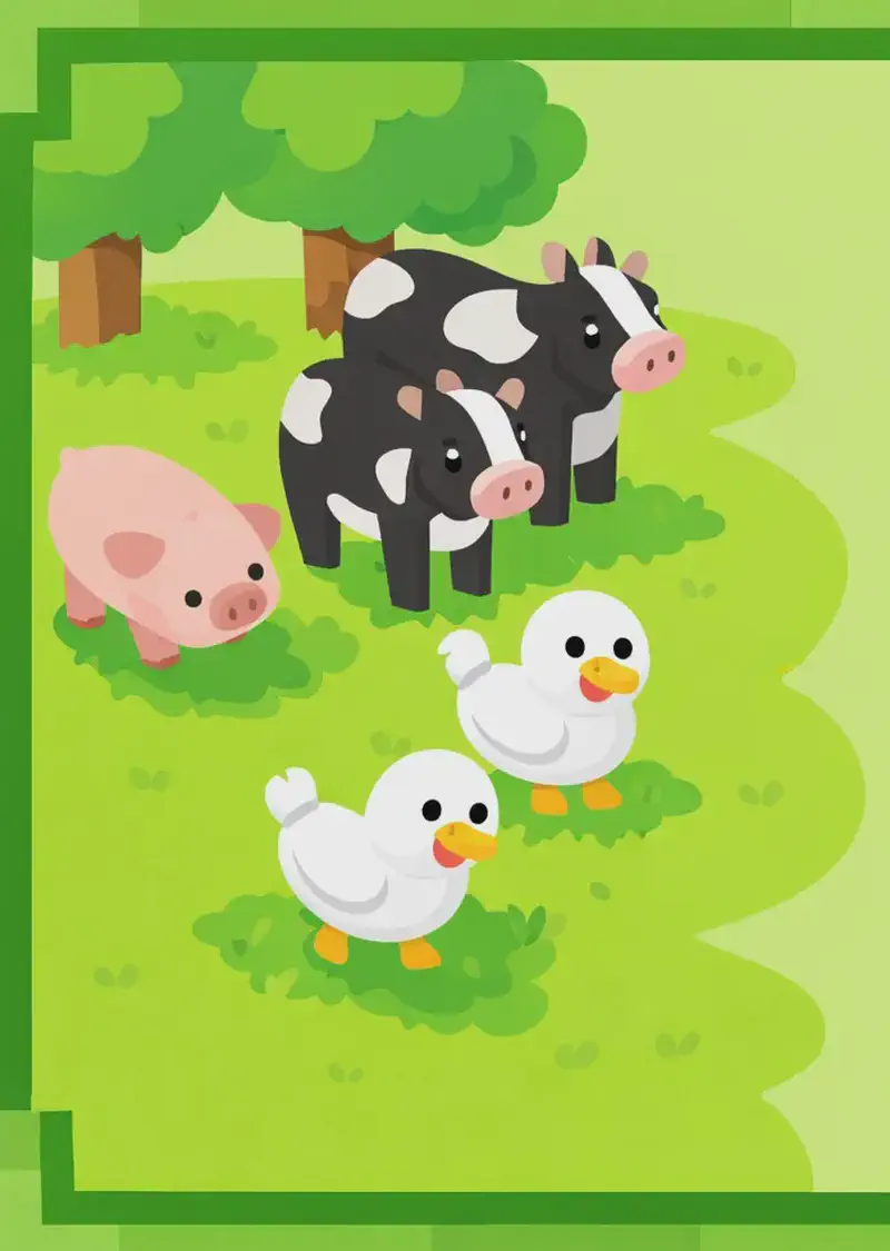 On the left side of the image, a group of Minecraft-style farm animals stands on a bright green grassy plain in daylight. Two black-and-white cows stand near some trees in the upper left, while two white chickens peck at the ground in the center-left area. A pink pig grazes on the grass at the far left. The right side of the image is open green grass with no characters or objects, framed by a green decorative border. A small yellow flower sits in the bottom-right corner of the frame.