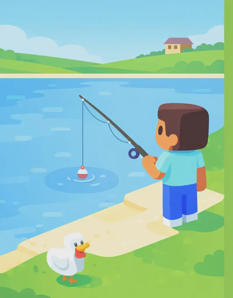 A Minecraft-style character stands on the left side of the image at the edge of a lake, shown at a three-quarter angle while holding a fishing rod with the line cast into the water. The character stands upright in a relaxed fishing pose. The scene is set outdoors on a bright day beside a calm blue lake, with gently rolling grassy plains and a building visible in the background. The right side of the image is open grassy plain with no characters or detail. A chicken is visible in the bottom-left corner of the image.