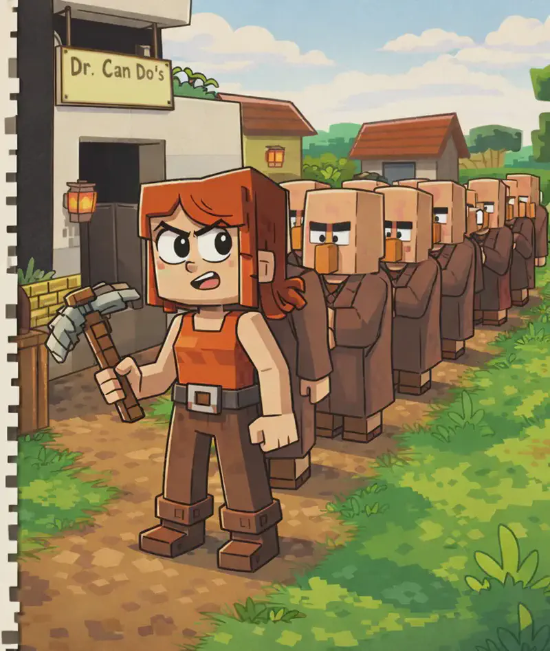 On the right side of the image, a long line of Minecraft-style villager characters stands queued up on a dirt and grass path, waiting to use a large bin-like structure with a doorway (Dr Can Do's stone-disposal bin) visible near the front of the queue, in a suburban neighborhood setting with buildings, green grass, and lanterns under a daytime sky with clouds. Jill stands in the middle of the line, clearly distinguishable from the brown-robed villagers by her shoulder-length auburn hair, bright orange sleeveless top with a brown belt, dark brown pants, and brown boots. She holds her gray-and-brown pickaxe and looks frustrated and impatient, glancing toward the front of the line. Approximately eight to ten blocky villager characters in brown robes stand in the queue ahead of and behind her. The left ~40% of the image is a plain beige panel reserved for text.