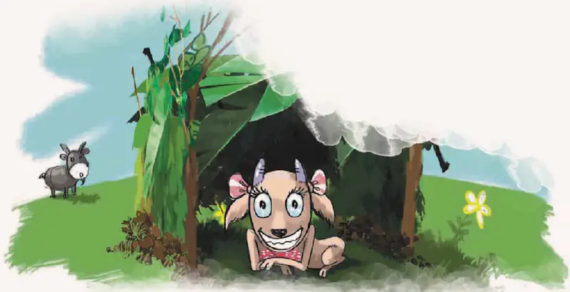 Happy goat with two pink bows sitting inside her leaf shelter while donkey watches from grassy hill