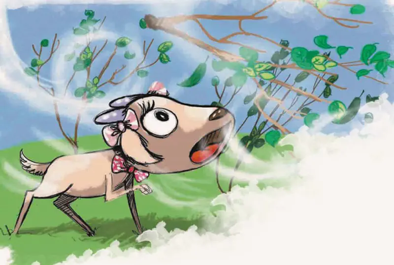 Surprised goat watching as strong wind blows leaves and branches past her on grassy hill